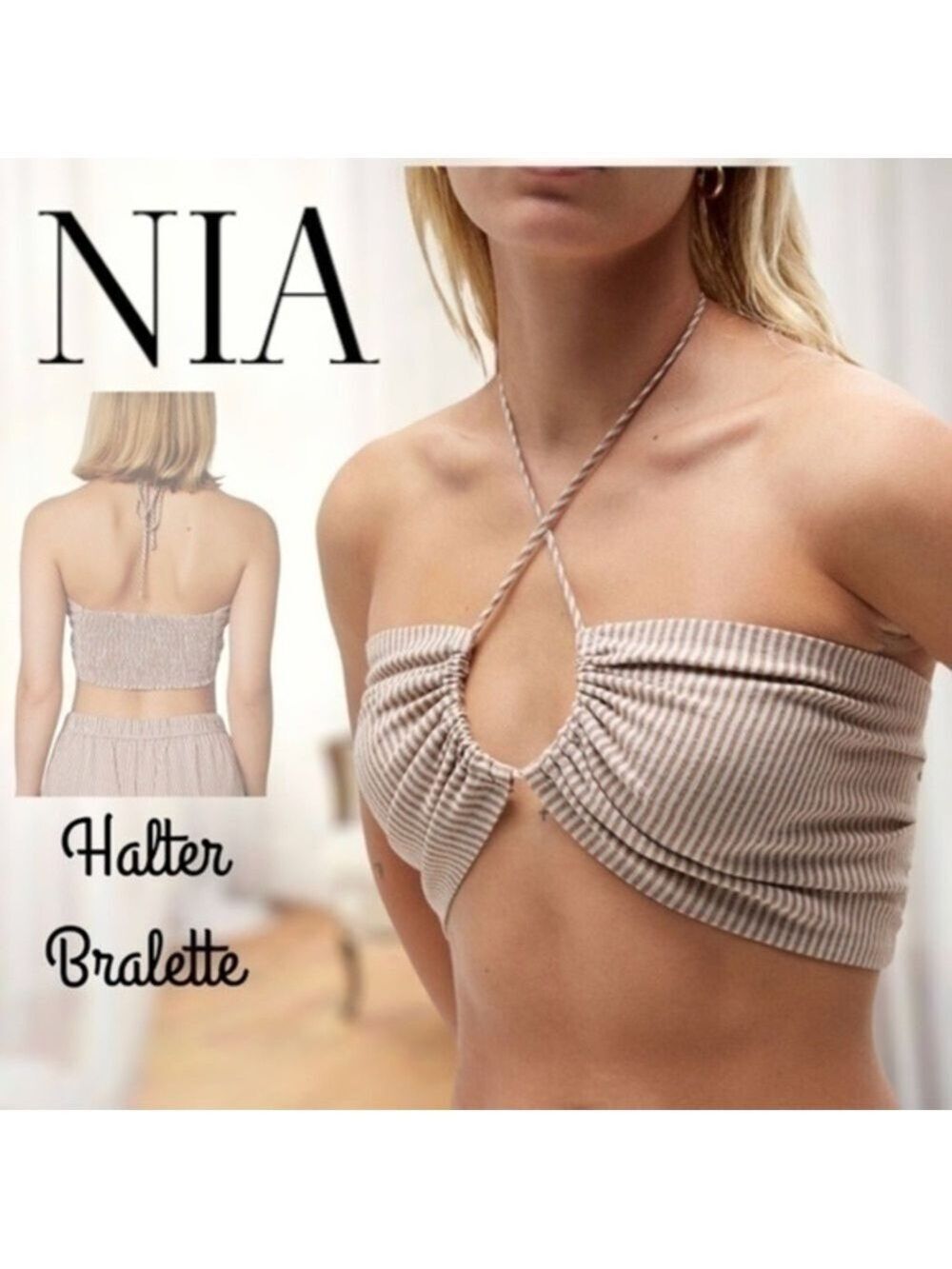 NIA Versatile Yarn-Dyed Convertible/Adjustable Striped Halter Bralette NWT/Lg